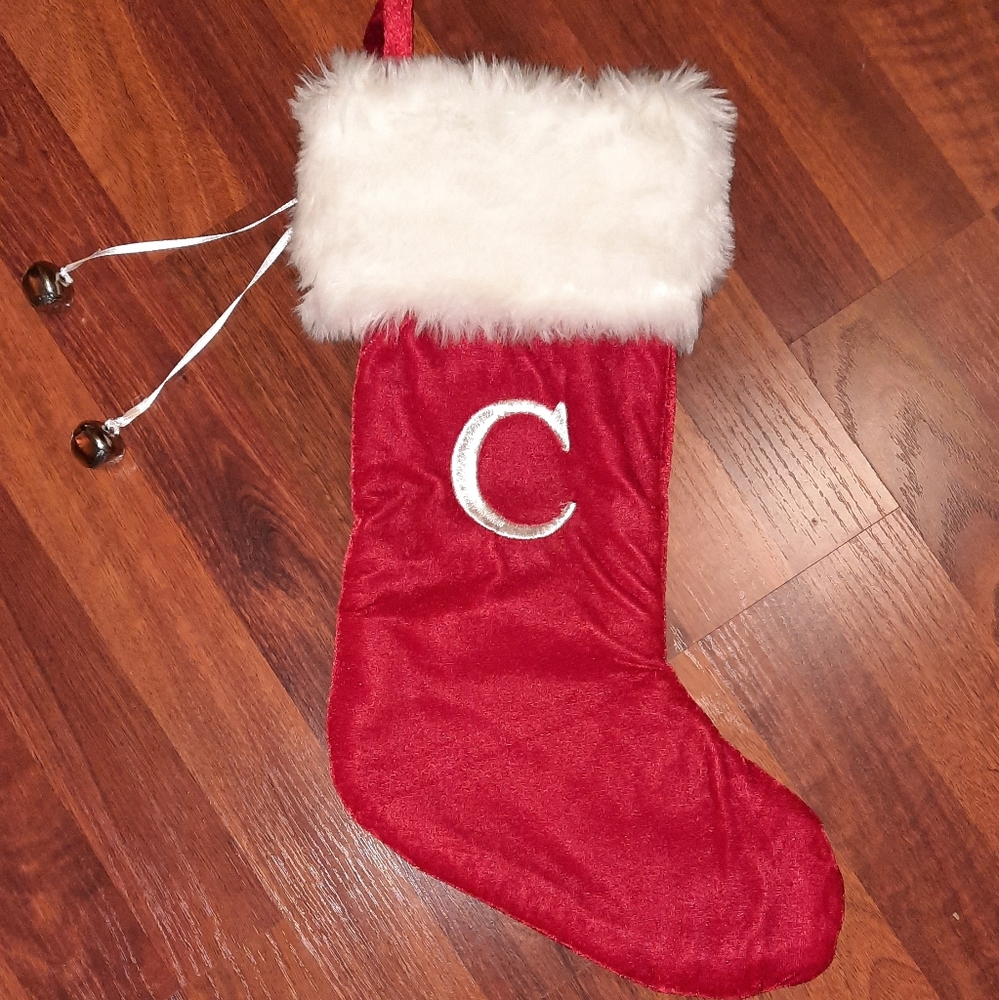 Red Plush White Faux Fur Large Monogram C Christmas Stocking